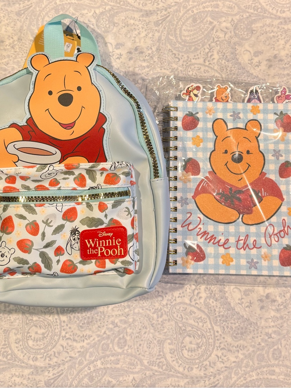Winnie the Pooh Strawberries Light Blue Mini Backpack & Sectioned Notebook Set
